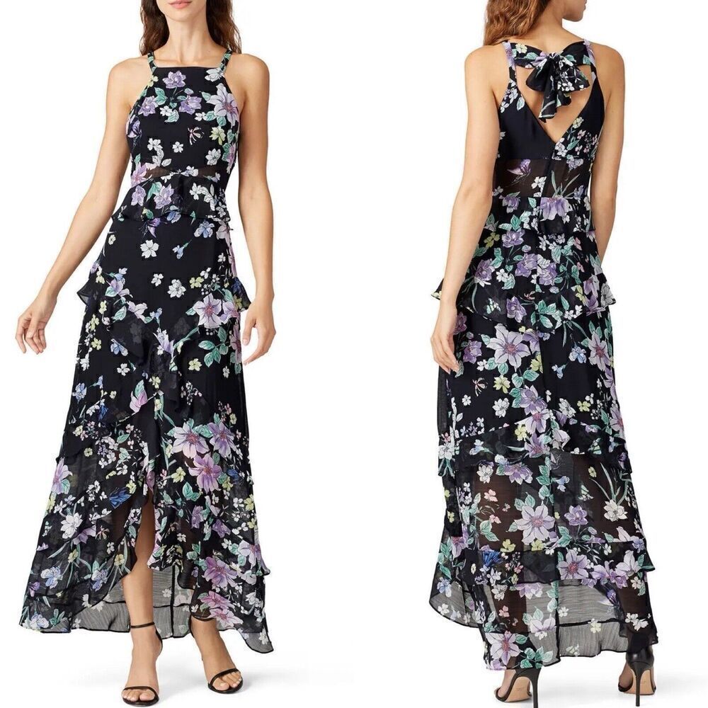 GREAT JONES Maxi Dress Womens 2 Navy Blue Floral Ruffle Hem Back Bow Sleeveless